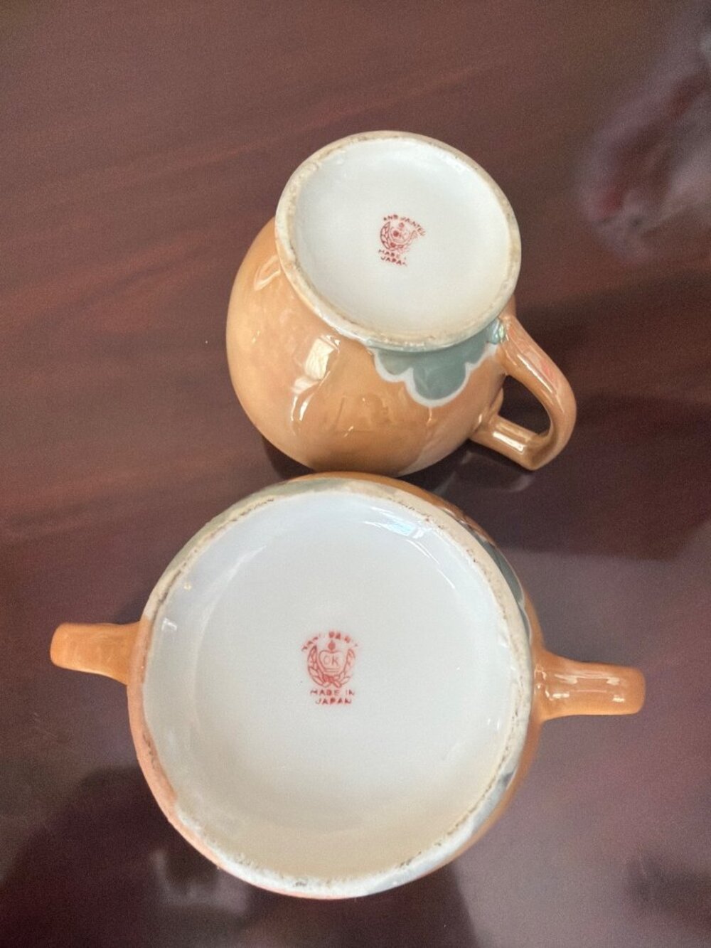 Vintage Hand Painted Japanese Peach Lusterware Sugar Bowl & Creamer Set Bluebird - Picture 2 of 12